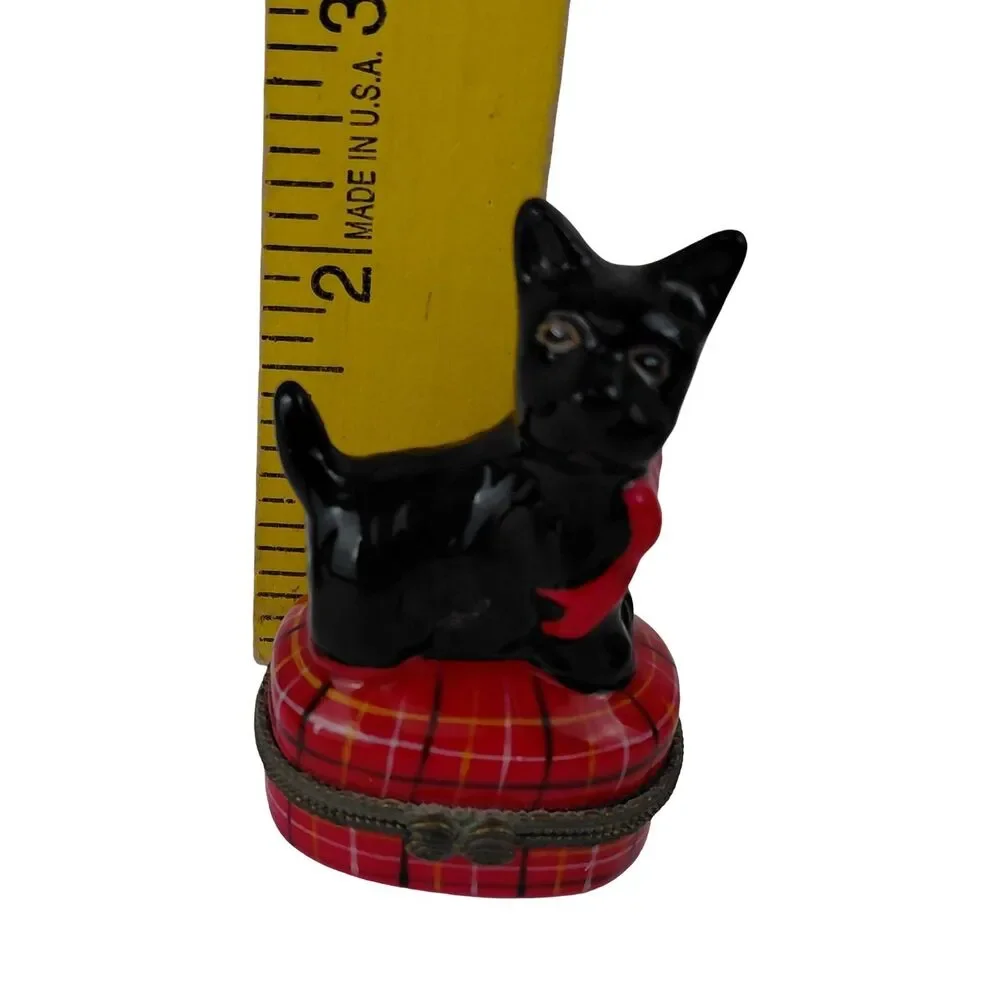 Scottie Scottish Terrier Dog On Red Pillow Porcelain Brass Trinket Box